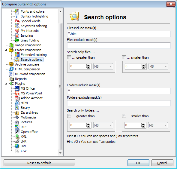 Use Compare Suite options to narrow folder comparison