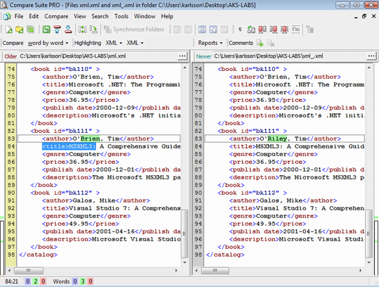 Use Compare Suite to contrast xml files